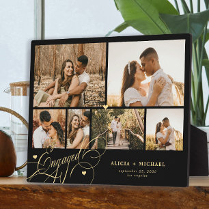 Engaged couple 6 photo collage template black plaque