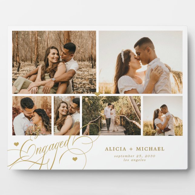 Engaged couple 6 photo collage template white plaque (Front)