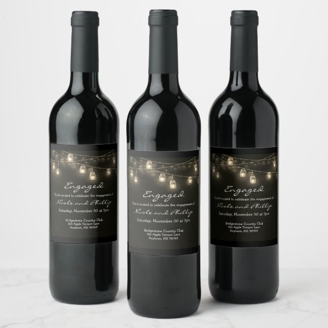Engaged Couple Mason Jar Lights Keepsake Wine Labe Wine Label (Bottles)