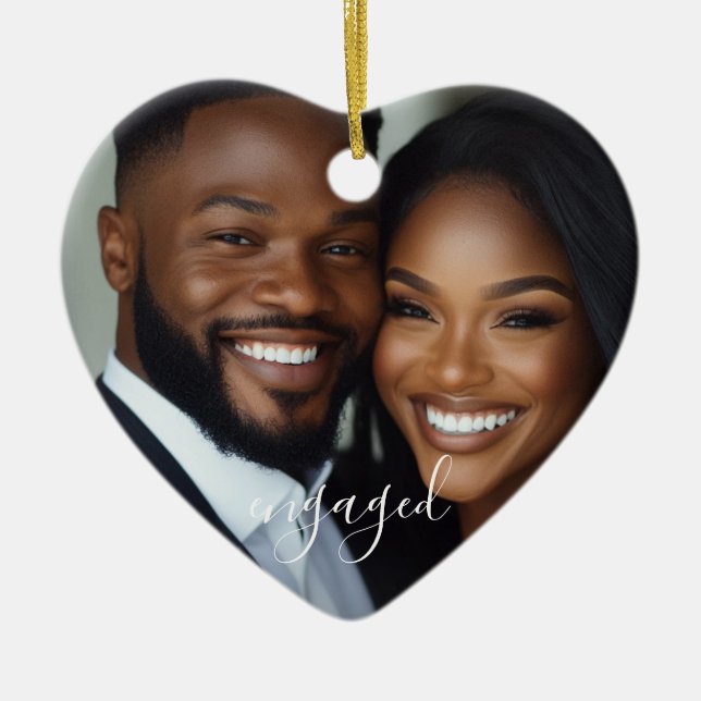 Engaged Couple Photo Ceramic Tree Decoration (Front)