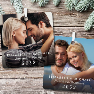 Engaged Couple Then And Now Christmas Photo Metal Tree Decoration