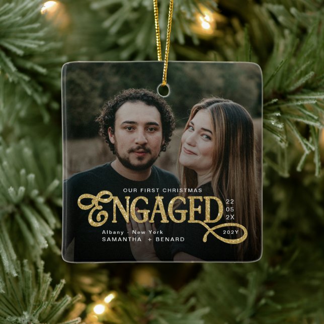 Engaged Couples 2 Photos Gold First Christmas Ceramic Ornament (Tree)