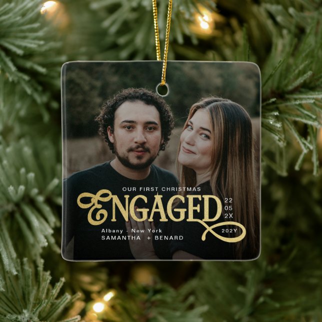 Engaged Couples 2 Photos Gold First Christmas Ceramic Ornament (Tree)