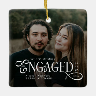 Engaged Couples 2 Photos Stylish First Christmas Ceramic Ornament