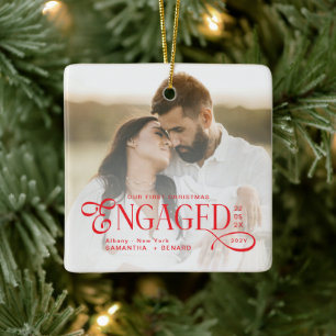 Engaged Couples 2 Photos Stylish First Christmas Ceramic Ornament