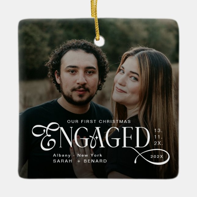 Engaged Couples 2 Photos Stylish First Christmas Ceramic Ornament (Front)