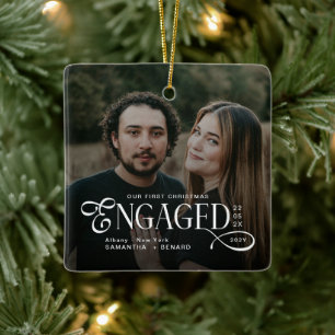Engaged Couples 2 Photos Stylish First Christmas Ceramic Ornament