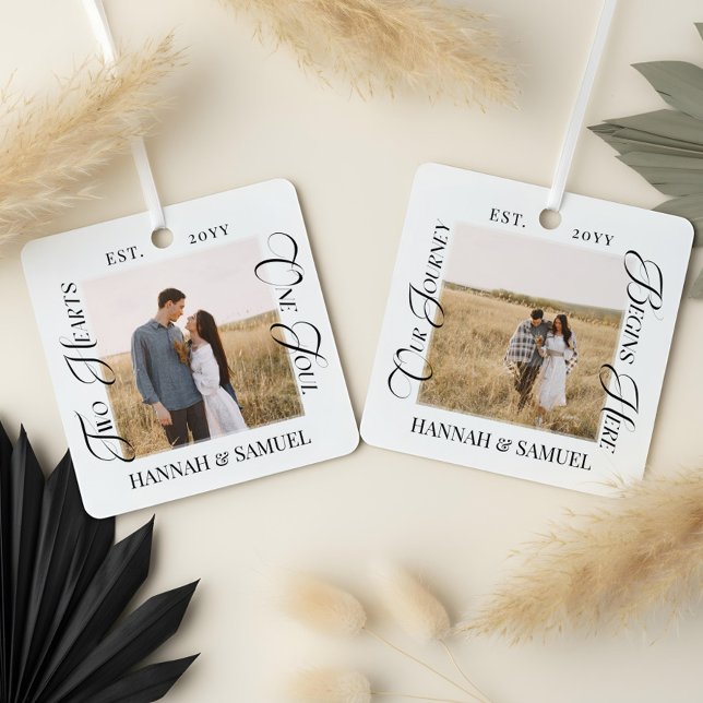 Engaged Couples Photo Two Hearts One Soul Keepsake Metal Tree Decoration (Engaged Couples Photo Two Hearts One Soul Keepsake Metal Ornament)