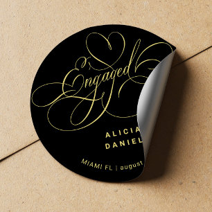 Engaged elegant gold black engagement party classic round sticker