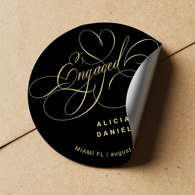Engaged elegant gold black engagement party classic round sticker (Creator Uploaded)