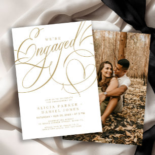 Engaged elegant gold calligraphy engagement party invitation