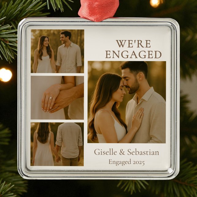 Engaged Engagement Collage 4 Photo Christmas Metal Tree Decoration (Creator Uploaded)