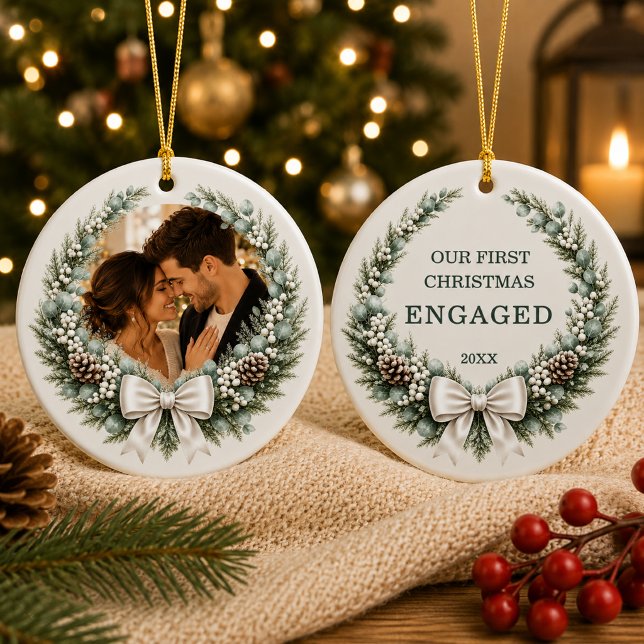 Engaged First Christmas Photo Wreath Bow Ceramic Tree Decoration (Creator Uploaded)