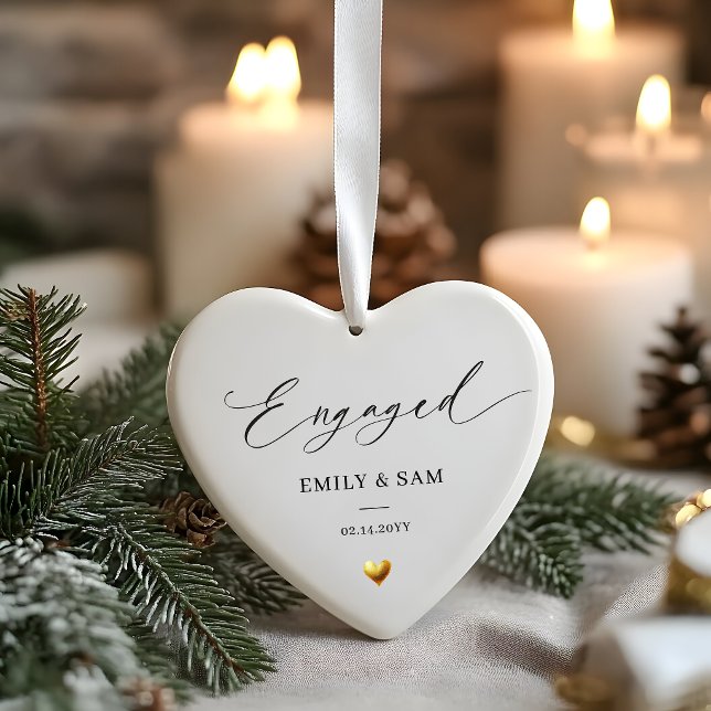 Engaged Gold Heart Personalised Ceramic Ornament (Creator Uploaded)