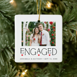 Engaged Keepsake Heart Typography White Photo Ceramic Ornament