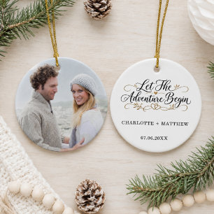 Engaged Married Let the Adventure Begin Photo Ceramic Tree Decoration