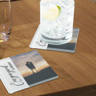 Engaged & Merry Couple Photo Glass Coaster