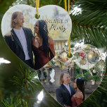 Engaged & Merry Double Sided Heart Couple Photo Ceramic Tree Decoration<br><div class="desc">Engaged and Merry photo ornament - perfect for engaged couple's first christmas. The photo template is set up for you to add an engagement photo on each side. One side has an elegant text overlay which reads "engaged & merry" and the other side as a traditional nostalgic overlay of christmas...</div>