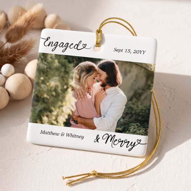 Engaged & Merry Minimal Engagement Photo Keepsake Ceramic Ornament (Engaged & Merry Minimal Engagement Photo Keepsake Ceramic Ornament)