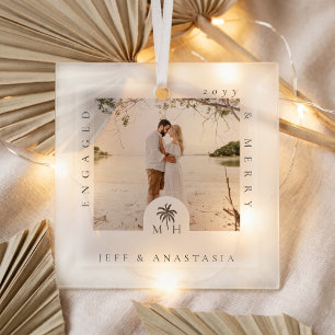 Engaged & Merry Western Palm Tree Monogram Photo Glass Tree Decoration