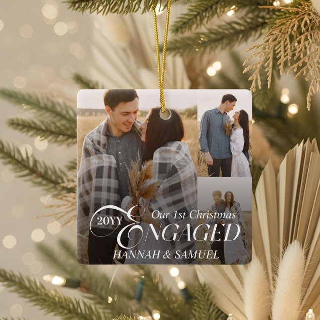 Engaged Minimal Elegant Couples Photo Collage Ceramic Ornament (Minimal Elegant Engaged Couples Photo Collage Ceramic Ornament)