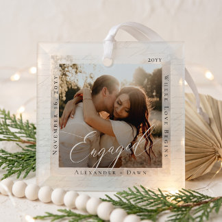 Engaged Minimal Elegant Script Engagement Photo Glass Tree Decoration