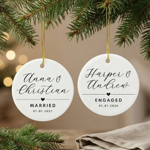 Engaged Modern Calligraphy Couple Newlyweds Name Ceramic Tree Decoration
