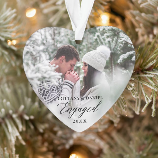 Engaged Modern Calligraphy Couple Photo Heart Ornament (Tree)