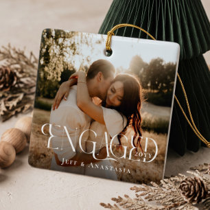Engaged Modern Minimal Elegant Engagement Photos Ceramic Ornament