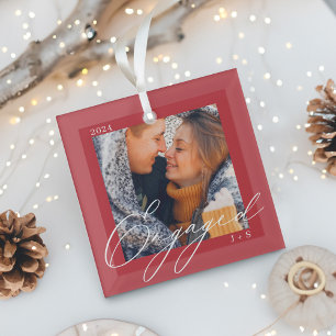 Engaged Modern Script Couples Photo & Monogram Glass Tree Decoration