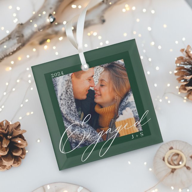 Engaged Modern Script Couples Photo & Monogram Glass Tree Decoration (Engaged Modern Script Couples Photo & Monogram Glass Ornament)