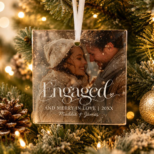 Engaged Our First Christmas Couple Names & Photo Glass Tree Decoration