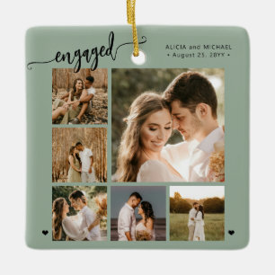 Engaged script 6 photo engagement keepsake ceramic ornament