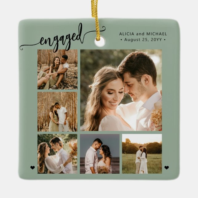 Engaged script 6 photo engagement keepsake ceramic ornament (Front)