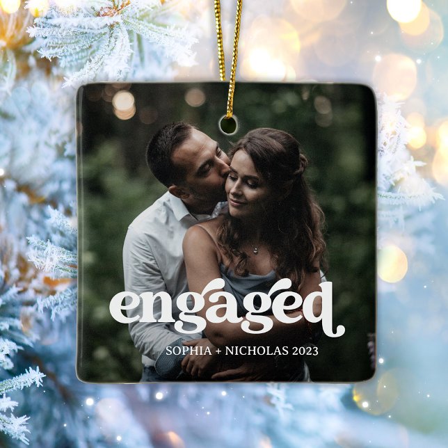 Engaged | Simple and Boho Text and Two Photos Ceramic Ornament (A simple, boho holiday ornament to remember your first engaged Christmas. Add two of your photos.)