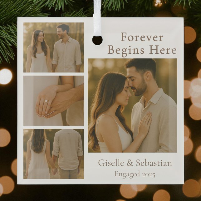 Engagement 4 Photo Collage Christmas Holiday Glass Tree Decoration (Creator Uploaded)
