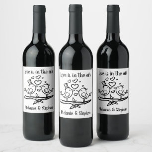 Engagement Birds Black White Lovebirds Wedding Wine Label