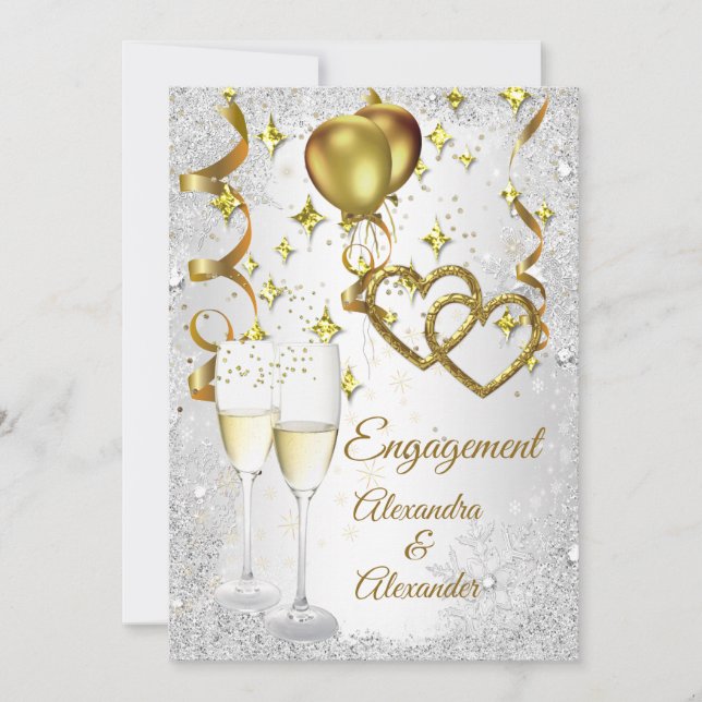 Engagement champagne hearts gold silver invitation (Front)