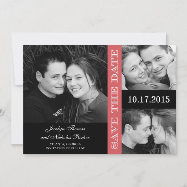 Engagement Collage Save The Date Card - Coral (Front)