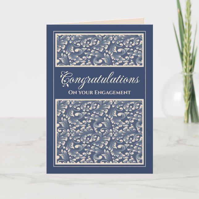 Engagement Congratulations Damask Blue Card (Front)
