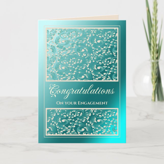 Engagement Congratulations Damask Teal Card (Front)