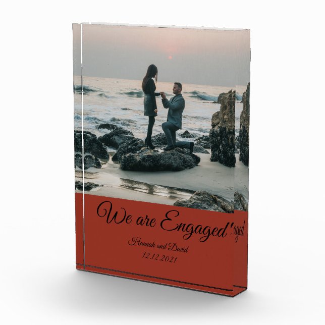 Engagement Couple's Photo and Name Rustic Orange Block (Right)
