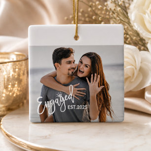 Engagement Couples Wedding Photo Script Heart Ceramic Ornament