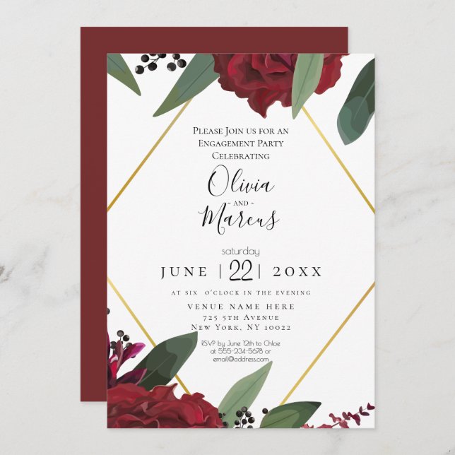 ENGAGEMENT | Elegant Rich Burgundy Marsala Floral Invitation (Front/Back)