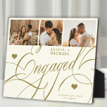 Engagement elegant script photo names personalised plaque<br><div class="desc">Elegant classic faux gold romantic calligraphy script engaged script couple 3 photo collage,  name and engagement date personalised cream ivory keepsake plaque.</div>