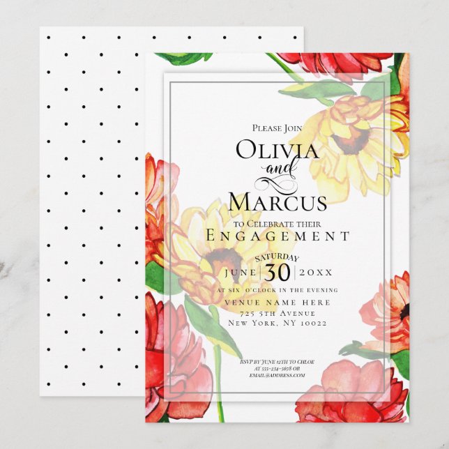 ENGAGEMENT | Modern Gerbera Flowers Red Yellow Invitation (Front/Back)