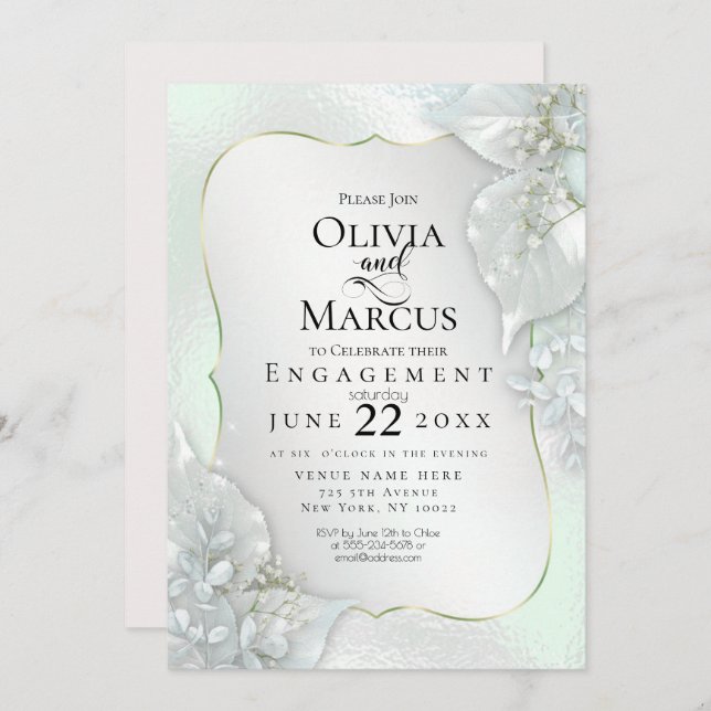 ENGAGEMENT | Mystic Honeydew Shimmer Leaves Invitation (Front/Back)