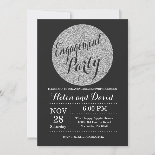 Engagement Party Black and Silver Glitter Invitation (Front)