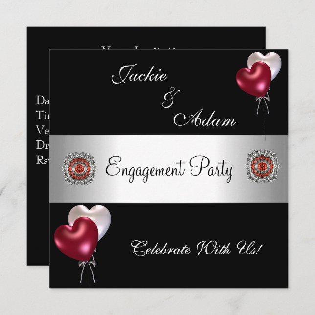 Engagement Party Black Red White Balloons Invitation (Front/Back)