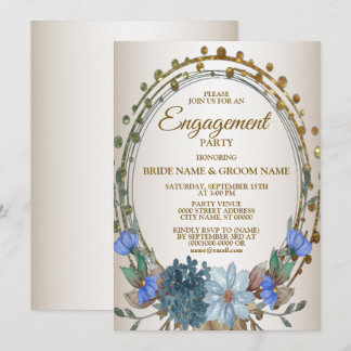 Engagement Party Blue Floral Golden Vintage Invitation